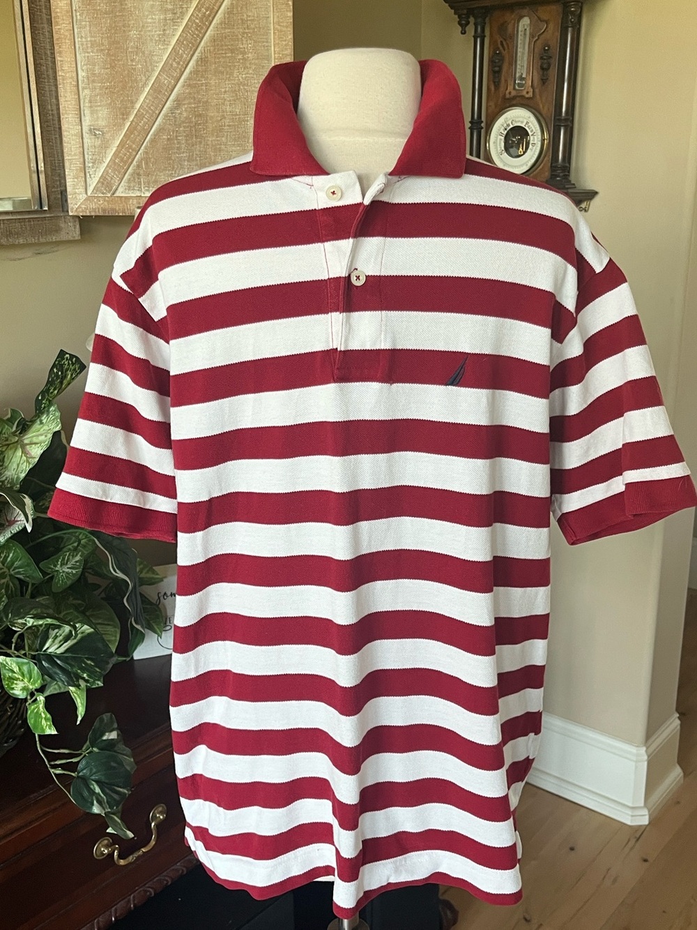 Nautica Classic Red and White Striped Men's Polo Shirt